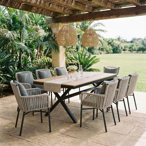 Gartenmöbel-Set AFUERA Tisch mit 8 Stühlen, Weiß/Champagner - Outdoor Essgruppe für bis zu 8 Personen, wetterfest und pflegeleicht, wasserabweisende Sitzkissen, ideal für Terrasse, Balkon und Garten