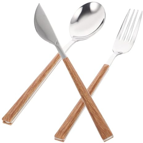 Kisangel Ensemble Couverts Inoxydable 3 Pièces Manche Imitation Bois Fourchette Cuisine, et Cuillère Kit Vaisselle Maison pour Camping, et Repas en Plein Air