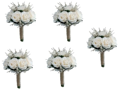 Tuminfar 5X Bouquets de Mariée pour Mariage, Bouquet de Fleurs de Rose Artificielle Mariée Demoiselle d'honneur Tenant Une Fleur, Bouquet de Demoiselle d'honneur