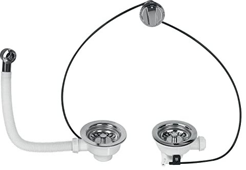 Wirquin 30718724 Bonde ø90 pour évier 2 bacs, plastique et métal, avec trop-plein exterieur et commande à câble, chromé