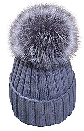 feifanshop Damen Mütze Strickmütze mit Fellbommel Fuchspelz Echtfell Fell Pelz Bommel Strick Mütze Winter-Mütze Bommelmütze (grau)