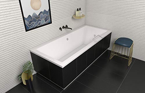 ECOLAM® Badewanne Wanne Rechteck Quadro Design Acryl weiß 155x70 cm + Styroporverkleidung zum Verfliesen + Ablaufgarnitur Ab- und Überlauf Automatik Füße Silikon Komplett-Set