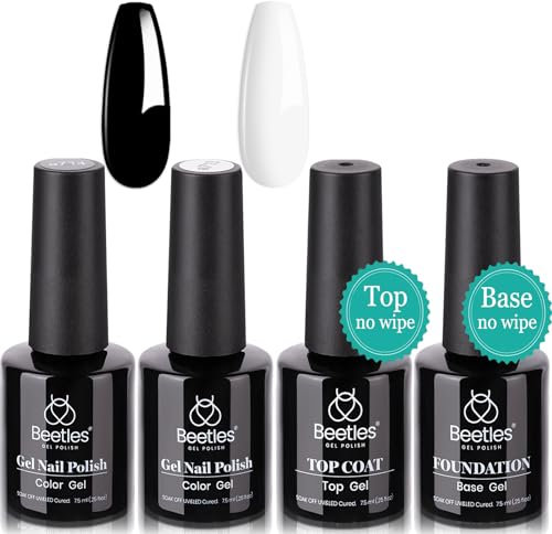 Beetles Gel Polish Kit- 4Pcs 7.5Ml Black White Colors with No Wipe Top Coat and Base Gel Polish Set Shine Finish and Long Lasting Soak Off UV Nail Gel Manicure