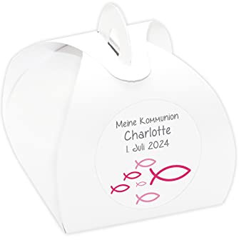 24 x Kartonagen + Aufkleber 'Fische' Gastgeschenke Set für Taufe, Kommunion, Konfirmation (personalisiert - pink)