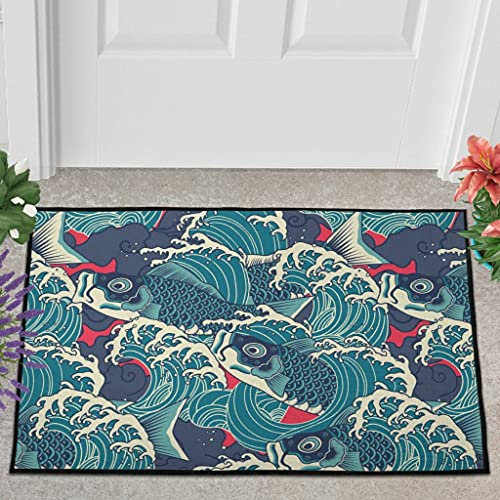 Veryday Japanisch Fisch Welle Fußmatte Türmatte Eingangsmatte Fußabtreter Fußabstreifer Türvorleger Schmutzmatte Sauberlaufmatte Haustürmatte für Eingangsbereich White 40x60cm