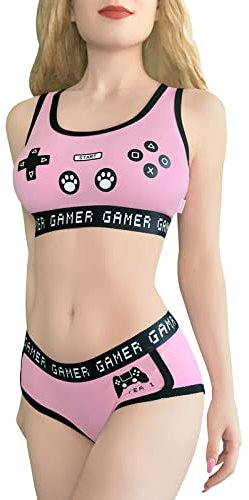 LittleForBig Damen Baumwolle Camisole und Höschen Sport Loungewear Bralette Set-Playgirl Rosa L
