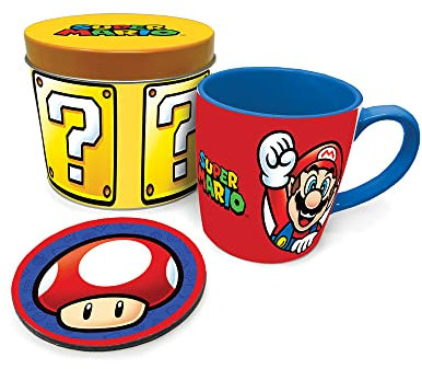 Super Mario Geschenk-Set mit Tasse und Untersetzer Set in Fragezeichenblock Blechdose (Nintendo) 325ml Keramik Tasse - Offizielles Lizenzprodukt
