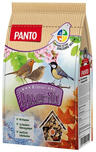PANTO Wildvogelfutter Power Mix – 4x1,7 kg Vogelfutter für Futterhäuschen, Streufutter für Vögel mit Sonnenblumenkernen, Erdnüssen, Rosinen, Getreideflocken