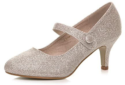 AJVANI Womens Ladies Low mid Heel Mary Jane Strap Work Party Court Shoes Pumps Size