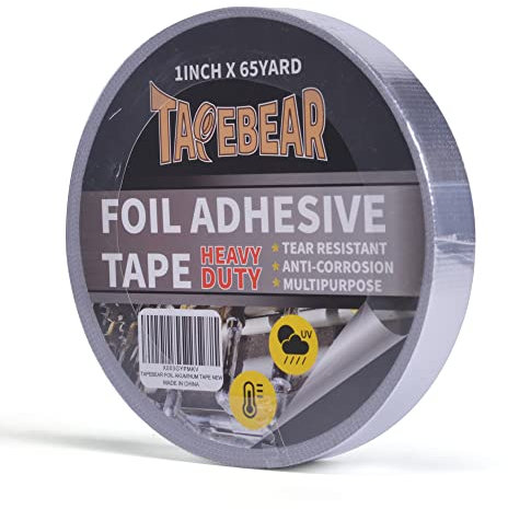 TAPEBEAR Cinta Adhesiva De Aluminio Reforzada 25mm x 60m- Con Malla De Fibra De Vidrio, Cinta De Aislante, Resistencia a la temperatura 80 ℃-100 ℃-, Para Sellar O Reparación, Plata