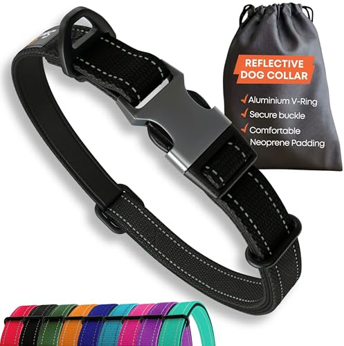 Strong Dog Collar Medium Dogs – Black Reflective Adjustable Padded Dogs Collars - Metal Buckle, Aluminium V-ring, Dog Safety
