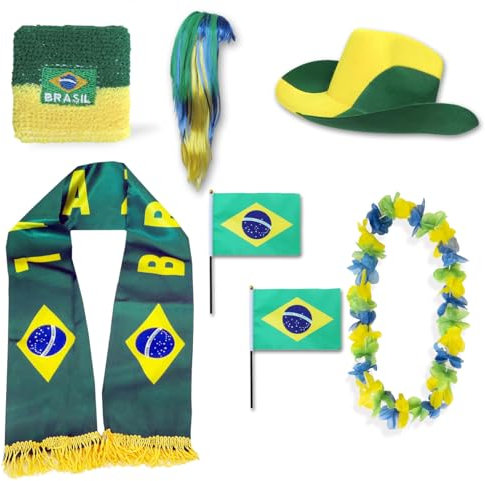 Sonia Originelli Fanset Fanartikel Fanhut Blumenkette Fanschal Schweißband Fähnchen Perücke WM EM Farbe: Brasilien Langhaar