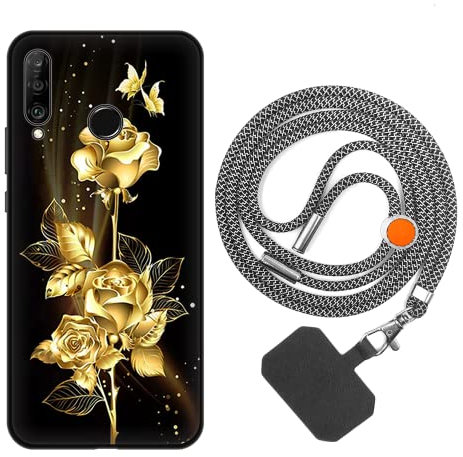 vingarshern Coque Compatible avec Huawei P30 Lite Antichoc Silicone Bumper Case Étui de Protection Housse Coque avec Motif,Souple Coque avec Cordon Detachable,Fleurs dorées