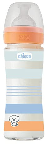 Chicco Biberon Bien-Être Débit Lent, Tétine Physio en Silicone Souple et Doux, Système Anti-Colique, Réduit les Régurgitations et L'Irritabilité, Biberon en Verre de 240 ml, 0 Mois et plus, Bleu