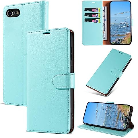 KKEIKO Hülle Kompatibel mit iPhone SE 2022 / iPhone SE 2020 / iPhone 8 / iPhone 7, Magnet Klappbar Handyhülle mit Kartenfach, PU Leder Stoßfest Schutzhülle für iPhone SE 2022 / iPhone SE 2020, Grün