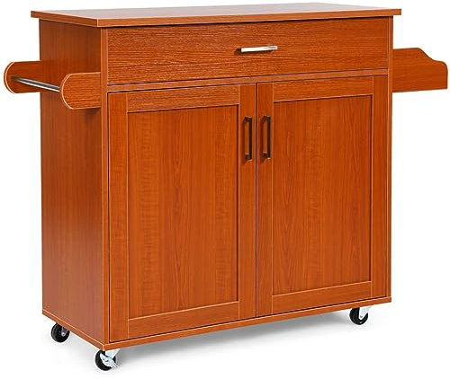 GiantexUK Kitchen Island Cart, Rolling Storage Serving Trolley with Large Drawer, Adjustable Shelf and Towel Rack, Utility Storage Cabinet Unit for Dining Room (Reddish Brown, 116 x 40 x 85 cm)