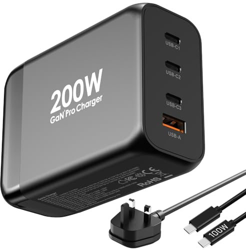 200W USB C Fast GaN Charger, 4 in 1 Type-C Charger for Fast Charging, 100W + 100W PD Quick Charger for MacBook Pro/Air Laptop iPad iPhone 15/14/13 Pro Max