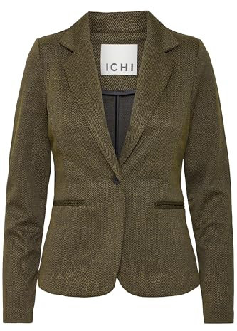 ICHI IHKATE Jacquard Damen Blazer Jackenklazer mit Reverskragen Paspeltaschen V-Ausschnitt 1-Knopf-Form leicht elastisch Slim fit, Größe:S, Farbe:Black/Lizard Herringbone (203618)