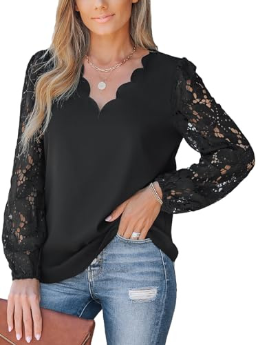 CUPSHE Chemisier élégant pour femme en dentelle florale festonnée, à manches longues, col en V