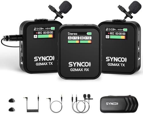SYNCO Microfono Lavalier Senza Fili, G2(A2) MAX 2.4G Lapel Mic 8GB di Memoria per la Registrazione di Vlog Intervista DSLR Smartphone Fotocamera Streaming YouTube