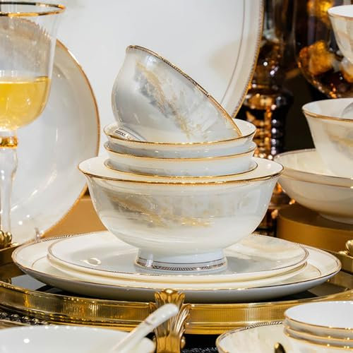 FOTN Service de table 30 pièces en porcelaine de luxe pour 6 personnes, vaisselle de cuisine en céramique, plat, bol à riz, assiettes, cuillères, baguettes pour 6 personnes, passe au micro-ondes et au