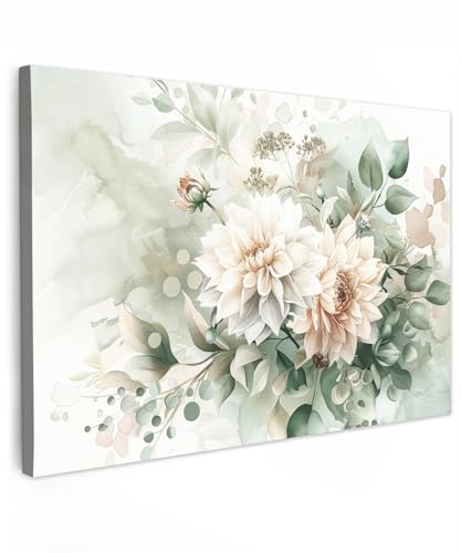 MuchoWow© Bild auf Leinwand Schlafzimmer Bilder Badezimmer Wand Deko | 60x40 cm - Wohnzimmer Modern Wanddeko Bilderwand Geschenk Blumen - Weiß - Pflanzen - Dahlien