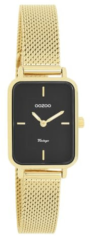 Oozoo Vintage Damen Uhr Gold/Schwarz | Armbanduhr Damen mit Mesharmband | Moderne Uhr für Frauen | Edle Analog Damenuhr in rechteckig C20354 (24x28mm Gehäuse)