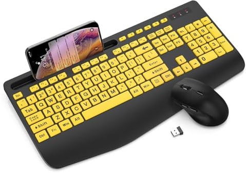 Wireless Keyboard and Mouse Combo - Large Print Ergonomic Keyboard with Wrist Rest, Phone Holder, Sleep Mode, Silent 2.4GHz Keyboard Mouse Set for Computer, Laptop, PC, Mac, Windows - Trueque