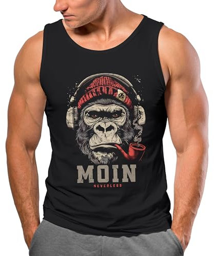 Neverless® Herren Tank-Top Shirt Moin Schriftzug Gorilla Musik Aufdruck Brustprint Printshirt Sommer Muskelshirt schwarz XXL