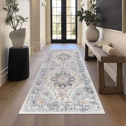 Homcomodar Vintage Läufer Teppich für Flur 80x200cm Waschbare Distressed Kitchen Läufer Teppiche mit Gummirücken Boden Teppich Läufer für Flur Wohnzimmer(Blau)