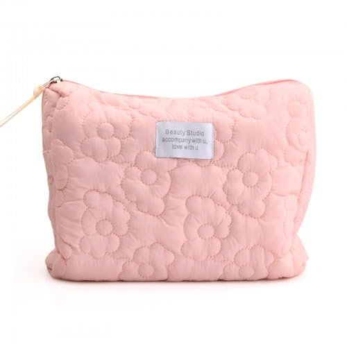 Dokeno Trousse Maquillag, Trousse de Maquillage Florale, Coton Trousse Maquillage, Trousse de Toilette, Portable Trousse à Maquillage, Pochette Maquillage pour Femme, Fille, Voyage(Rose)