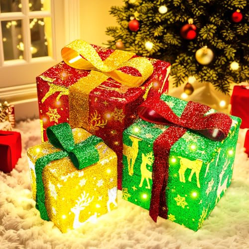 Light Up Present Boxes with 50 LED Lights - Illuminated Christmas Tree Decorations & Indoor Xmas Fairy Lights