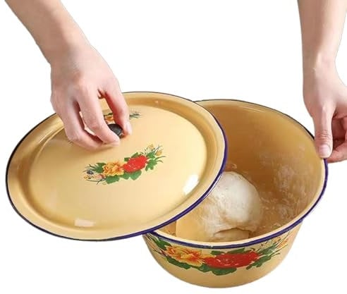Emaille Becken - Retro Vintage Emaille Schüssel | Vintage Öltopf mit Deckel, Multifunktionaler Gemüsebehälter Topf, Emaille Ware Emaille Suppenbecken Behälter für Reis, Ramen, Nudel
