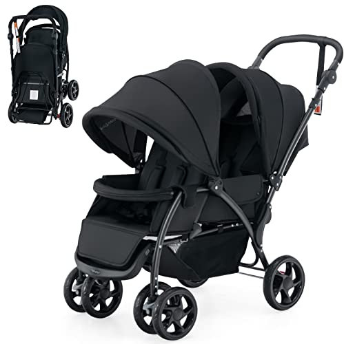 COSTWAY Passeggino Doppio Pieghevole per Bambini, Passeggino Gemellare Pieghevole, con Seduta in Tandem e Tettuccio, Schienale Regolabile, Ruote Bloccabili e Antiurto, Portata Totale 30 kg (Nero)