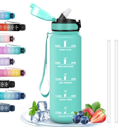 Botella Agua, Botella Agua 1 Litro, Botella Agua Gimnasio con Pajita, a Prueba de Fugas, Botella Agua Motivacional, Fácil de Limpiar, Cantimplora para Senderismo, Outdoor, Correr, Ciclismo, Acampar