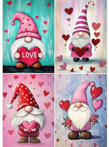 Bowetile 4er-Pack 5D Diamond Painting Bilder, Diamant Painting Gnom, Niedlich Gnom Diamond Painting Set für Erwachsene Kinder, DIY Herz Diamond Art Kreuzstichbilder für Wohnkultur 30x40 cm