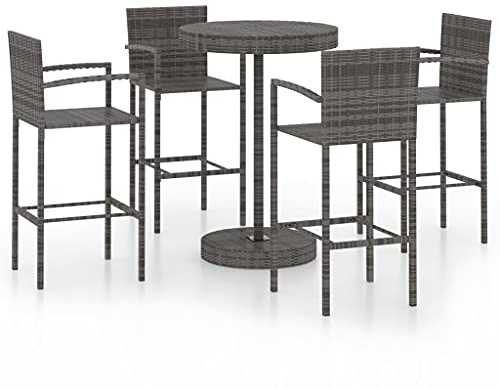 vidaXL Garden Bar 5 Piece Set – Poly Rattan Grey Outdoor Patio Furniture with Round Table and 4 Stools for Deck, Backyard