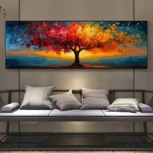 DAMAIART Extra-Large Tree of Life Canvas Poster，Abstract Wall Art Modern Home Decor Print Painting，Colorful Tree Living Room Decor 55x165cm Frameless