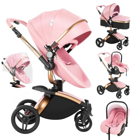 Veitoalioy PU-Leder Kinderwagen 3 in 1, 360° Drehbarem Sitz Faltbarer Kinderwagen Set, Aluminium Hohe Landschaft Babywagen, Bequemer Multifunktionaler Kombikinderwagen 3 in 1 Komplettset (906 Pink)