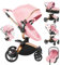 Veitoalioy PU-Leder Kinderwagen 3 in 1, 360° Drehbarem Sitz Faltbarer Kinderwagen Set, Aluminium Hohe Landschaft Babywagen, Bequemer Multifunktionaler Kombikinderwagen 3 in 1 Komplettset (906 Pink)
