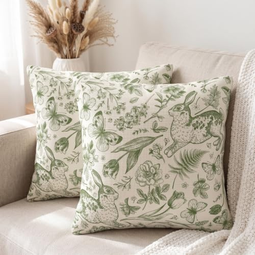 DILOXNSU 2er Set Salbei Grün Kissenbezug 45 x 45 cm Bunny Blumen Blatt Schmetterling Kissenhülle Kissen Dekokissen Couchkissen Ostern Kissenbezüge für Sofa Wohnzimmer Sofakissen Kissenhüllen