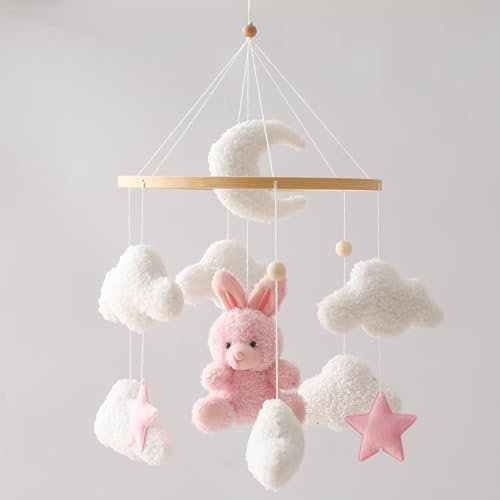 Promise Babe Baby Mobile Lit Bébé Support en bois Mobile Lit Bébé Support Table à langerBaby Boîte à musique Nuages blancs Lune rose Lapin Pendentif Mobile Chambre Bébé