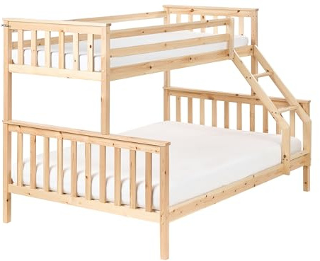 Beliani Led Sturdy Frame Bunk Bed 140x200 Cm Eu Double Pine Wood with Wood Legs Brown Bierne