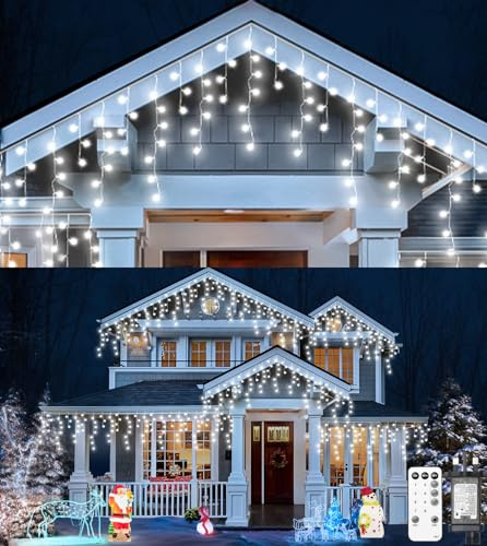 ULIGHTOWN Icicle Outdoor Christmas Lights, 5M 120LED Icicle Lights Outdoor Waterproof, Remote/8 Modes/3 Timer Fairy Lights Plug in for Home/Window/Party/Indoor Decor (Cool White)