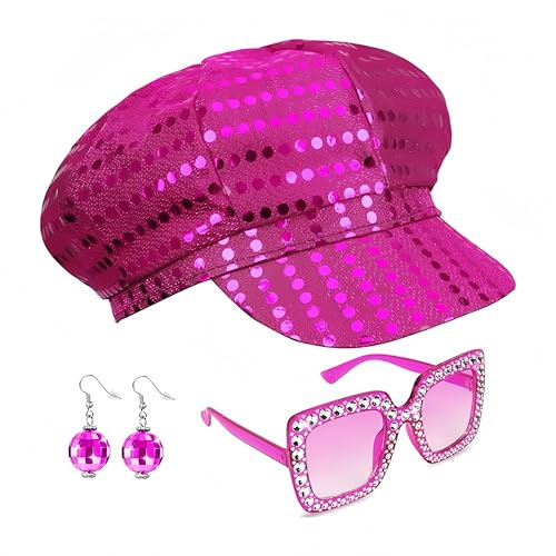SDXCJY 3-teiliges 70er-Jahre-Pailletten-Hut für Erwachsene, Abba-Zubehör für Damen, mit Pailletten, quadratisch, glitzernd, Sonnenbrille, Disco-Kostüm-Set für Damen, Mottoparty, Geburtstag, Tanz