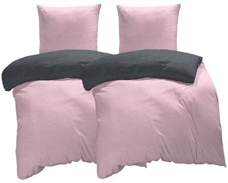 one-home Winter Bettwäsche Biber Meliert Baumwolle Flanell Kuschelig Flauschig Warme Weiche Melange Modern, Größe:4 teilig 155x220 cm, Farbe:rosa/anthrazit