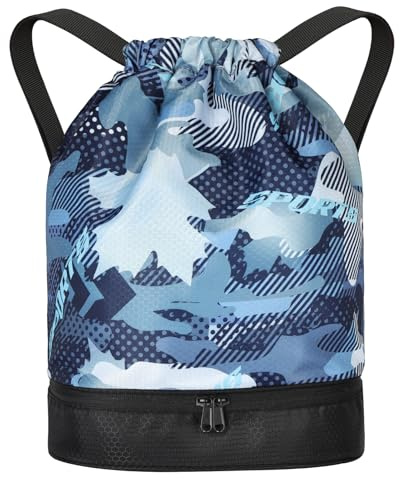 DiULi Sac de Sport avec Cordon de Serrage, Sac à Dos à Cordon de Serrage pour Sport, S-ac à Dos Étanche avec Fermeture Éclair Extérieure pour Les Vacances, Les Voyages, C-Bleu