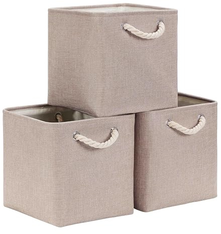 Mangata Aufbewahrungsbox 28x28x28 cm, Aufbewahrungskorb mit Griff, Aufbewahrung Korb Stoff für Regal, Schrank, und Kleidung (Faltbare, Helles Khaki, 3er Set)