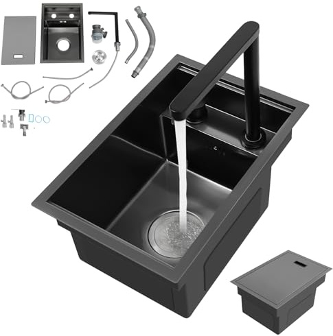 ROGONPDK Fregadero invisible y grifo, barra de cocina, fregadero integrado para encimera, fregaderos de cocina, fregadero de trabajo de acero inoxidable, fregadero empotrado, fregadero de cocina negro