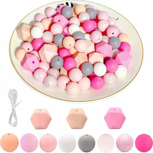 Garvee Kit perles silicone pour création bijoux – 80 perles rondes 15mm & 15 perles octogonales 17mm – Pour porte-clés, bracelets, colliers, attaches tétine – Corde 2m